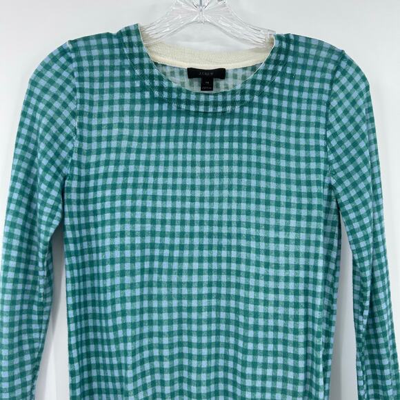 J Crew Merino Wool Gingham Sweater Green Blue Check Crewneck Flaw Womens Sz XS - Picture 4 of 12